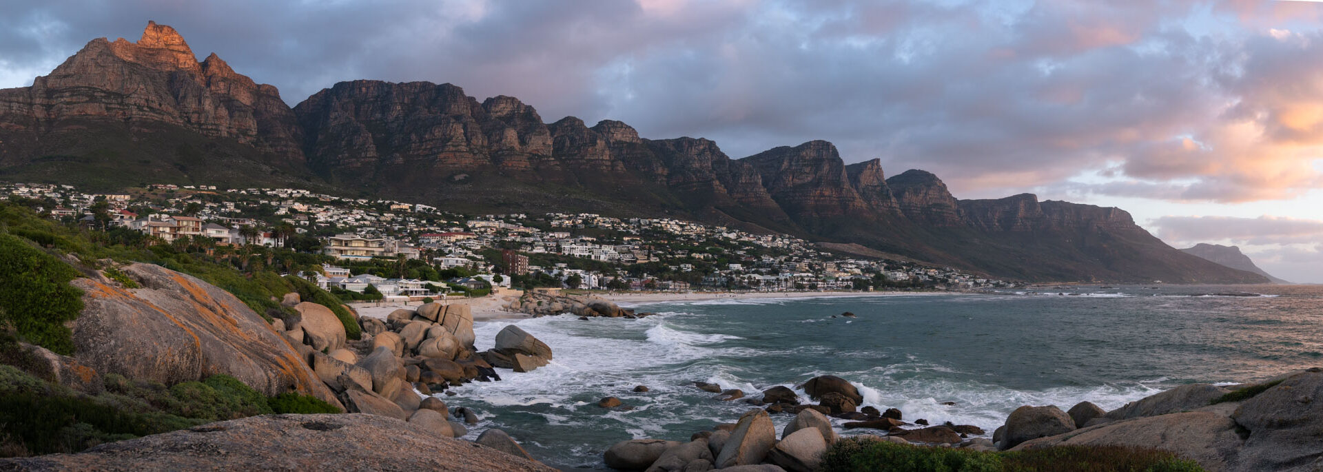 Panoramic view over Camps Bay during sunset