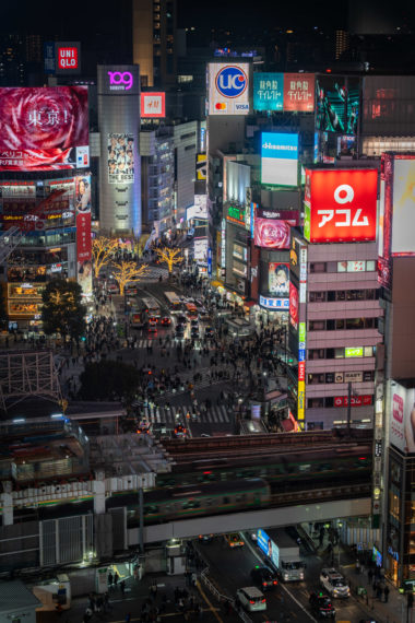 Shibuya crossing by night.