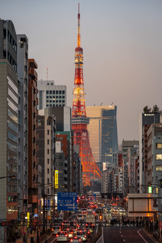 Tokyo tower from overpass golden hour view