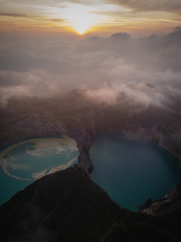Kelimutu twin lake sunrise drone shot