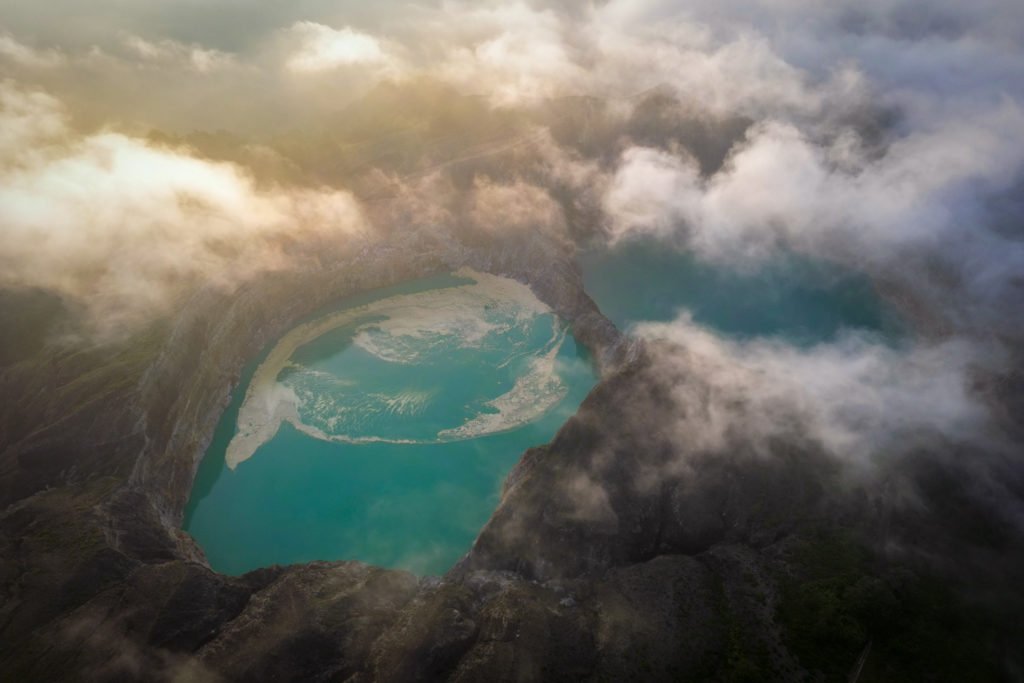 Kelimutu sunrise drone view.