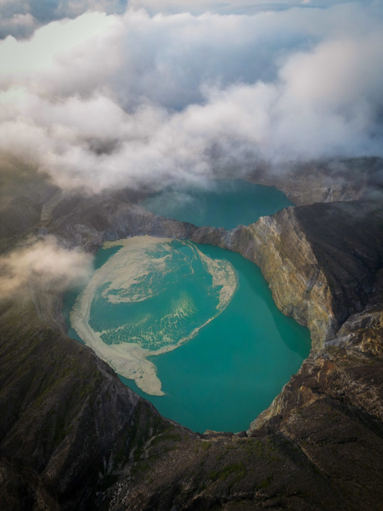 Kelimutu volcano sunrise drone shot