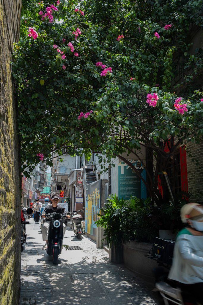 Street with flowers and motorcycle in Shenzhen Nantou Ancient City