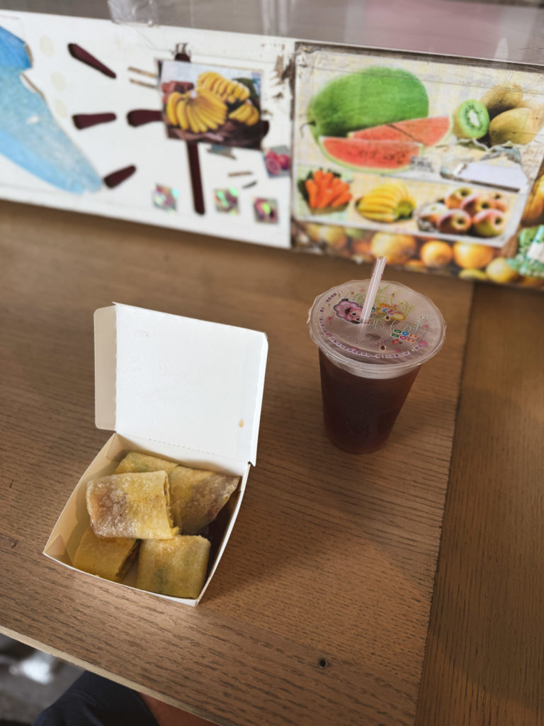 Taiwanese breakfast: dan bing and iced oolong tea