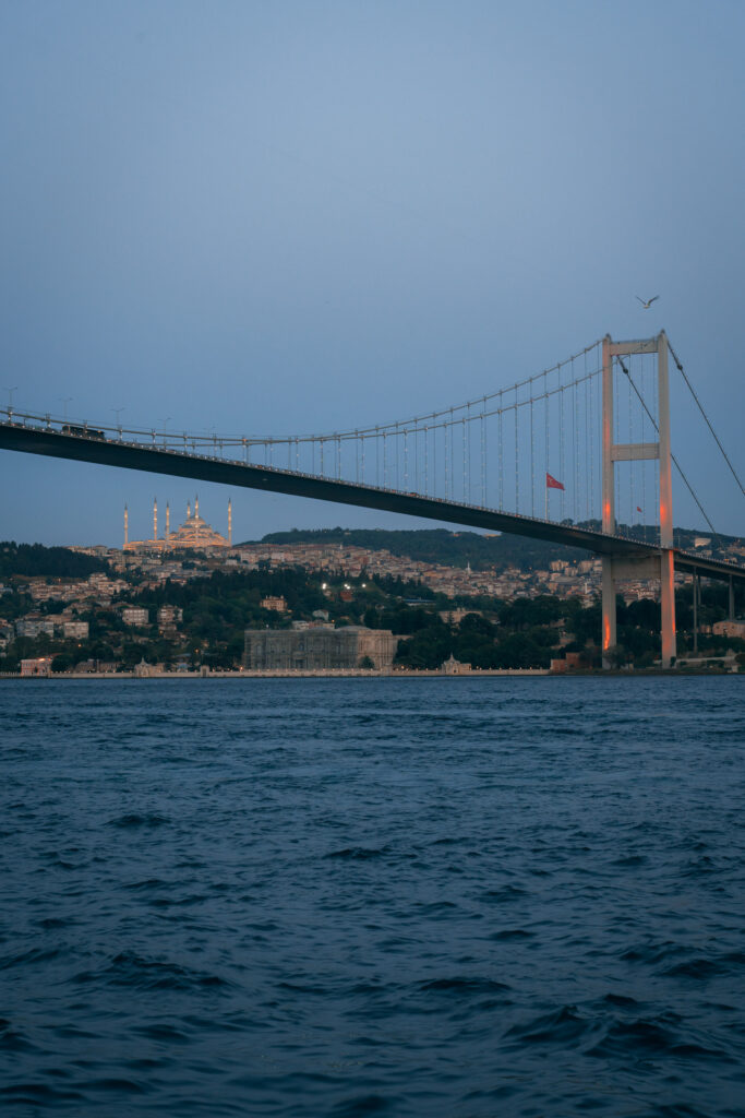 The Grand Çamlıca Mosque in Asia, seen from the Ortaköy Mosque.