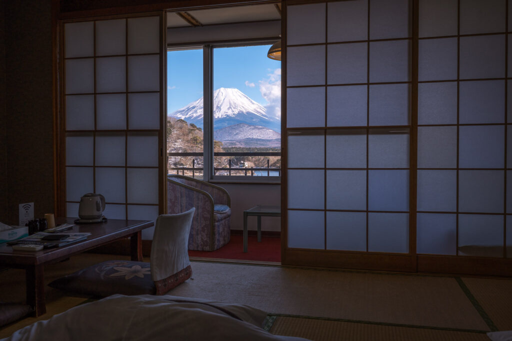 View from our room in Shoji Lake Hotel with mount Fuji in the background