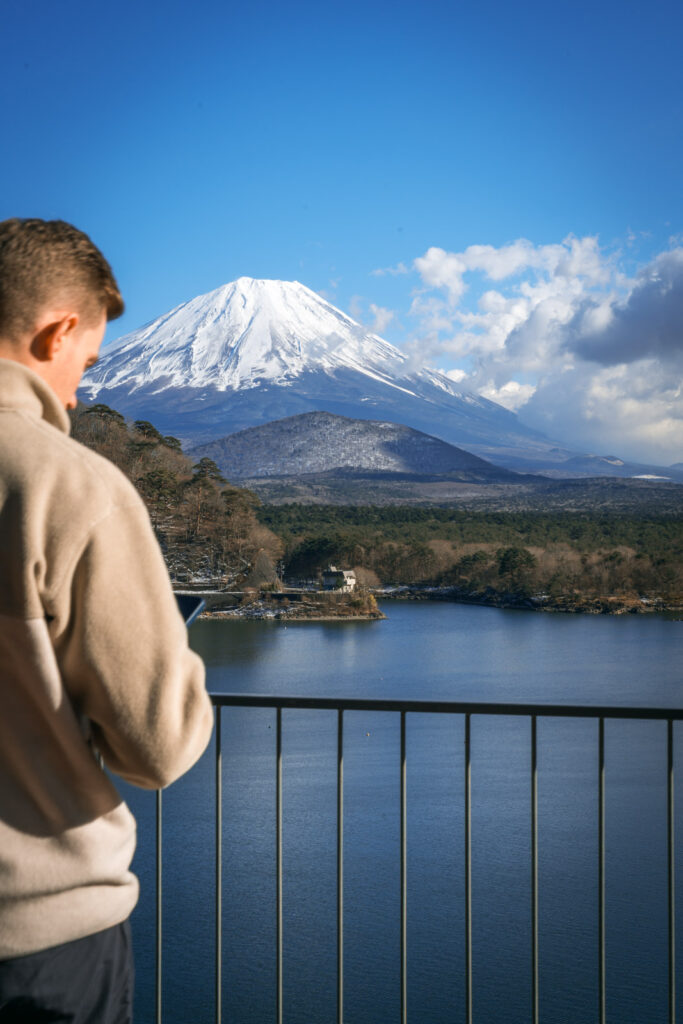 Me on the rooftop of Shoji Lake Hotel with mount Fuji and Shoji lake in the background