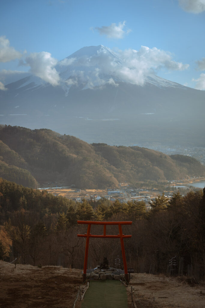 Shrine around Lake Kawaguchiko with Mount Fuji in the background