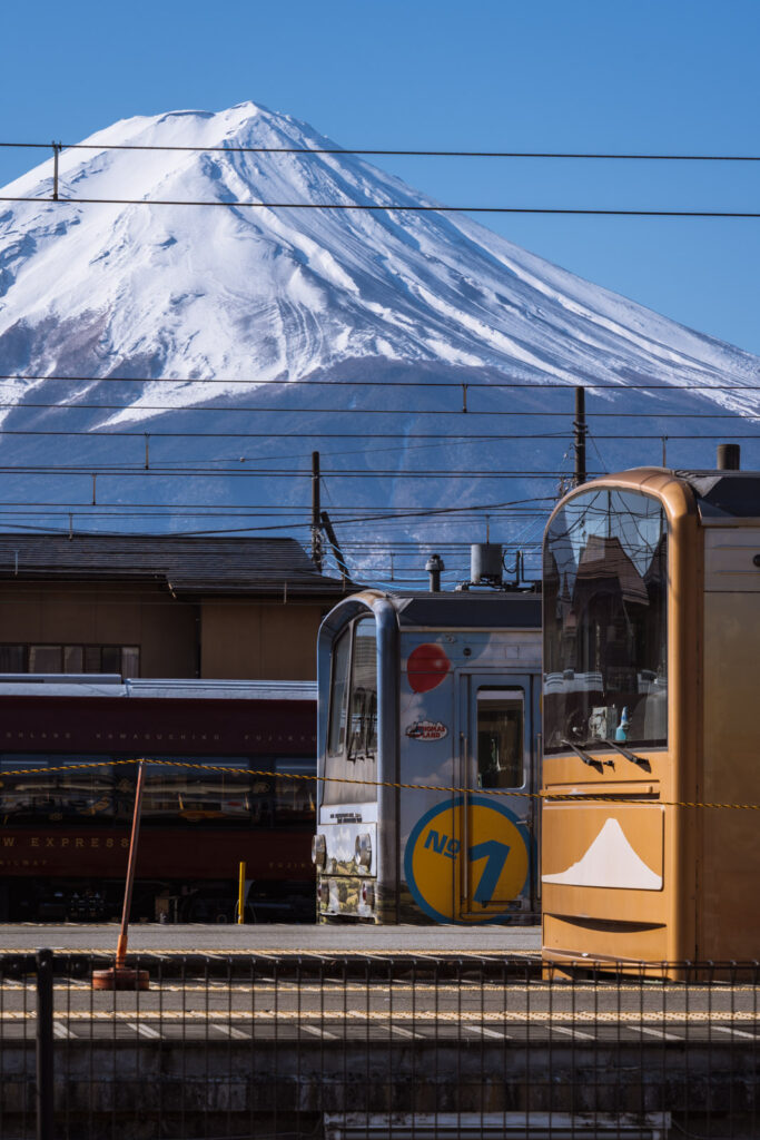 Traind and mount Fuji at Kawaguchiko station