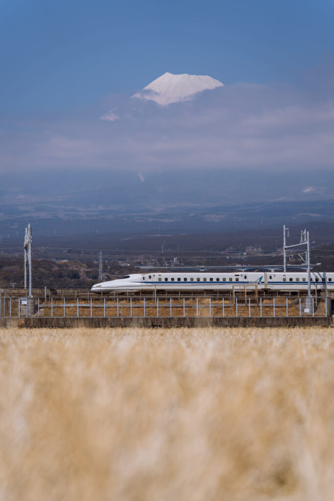 Shinkansen with Mount Fuji in the background.
