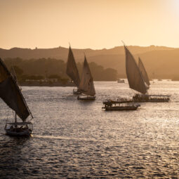 Traditional Feluccas on the nile in Aswan during sunset