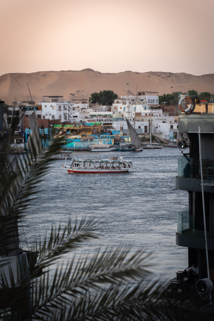 Aswan boats during sunset.