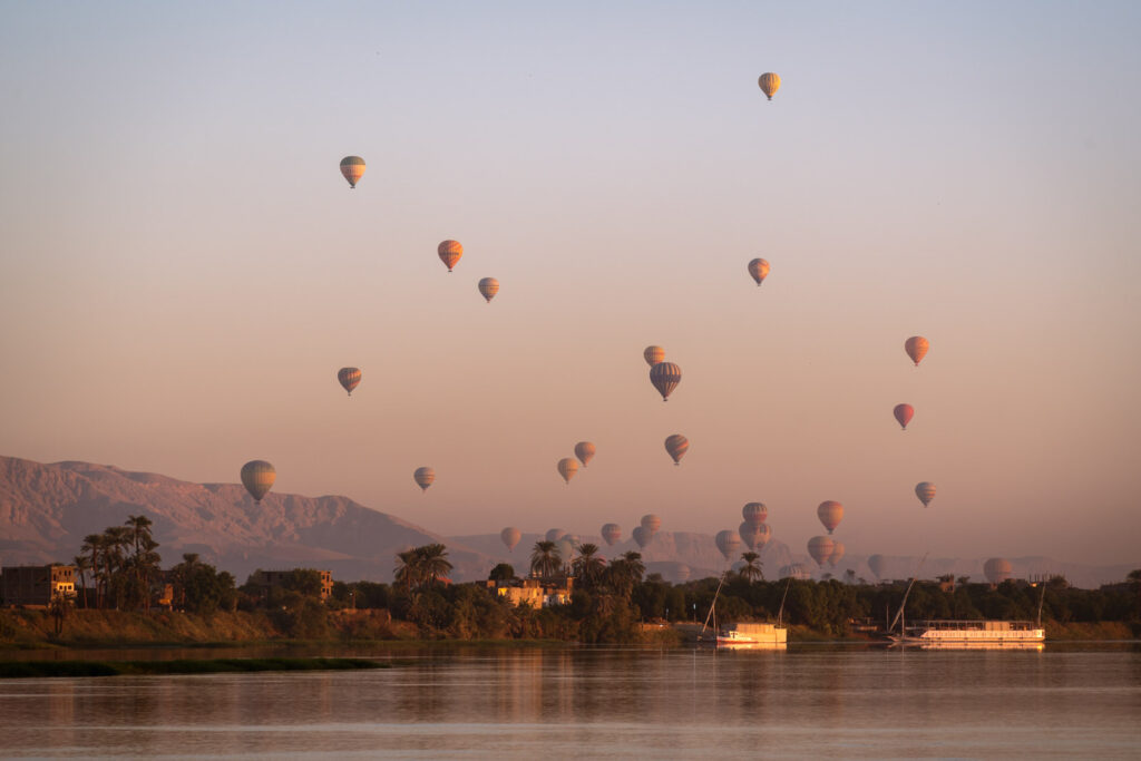 Hot air balloons in Luxor view from Nile Cruise Cabin