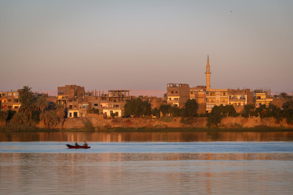 Views of the Nile from Nile cruise during golden hour in the early morning
