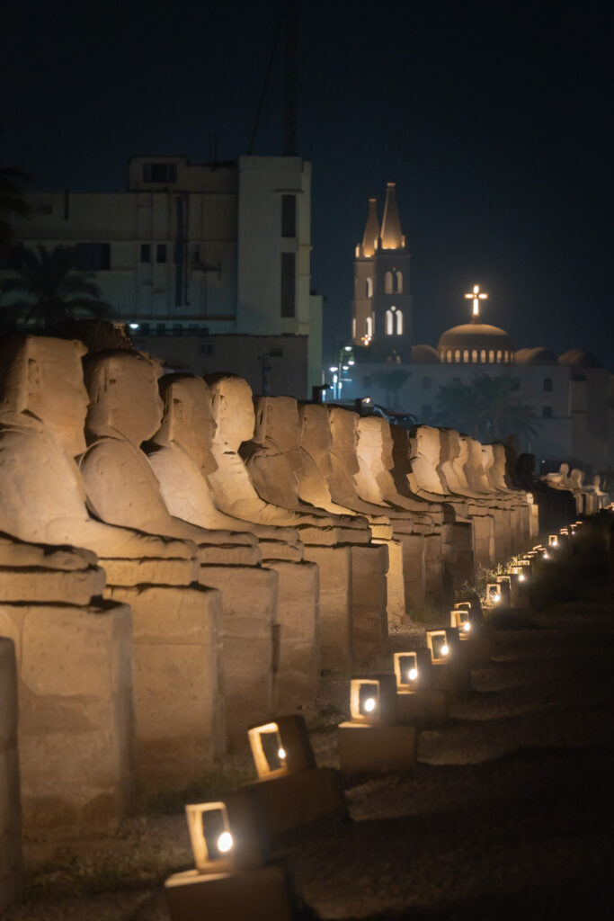 Avenue of the Sphinx by night